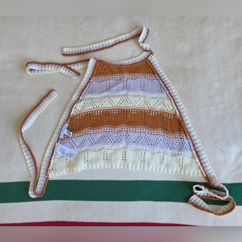 Sisstrevolution knit Back Tie Striped Pointelle Crochet Halter Crop Top S M NEW - Picture 2 of 8